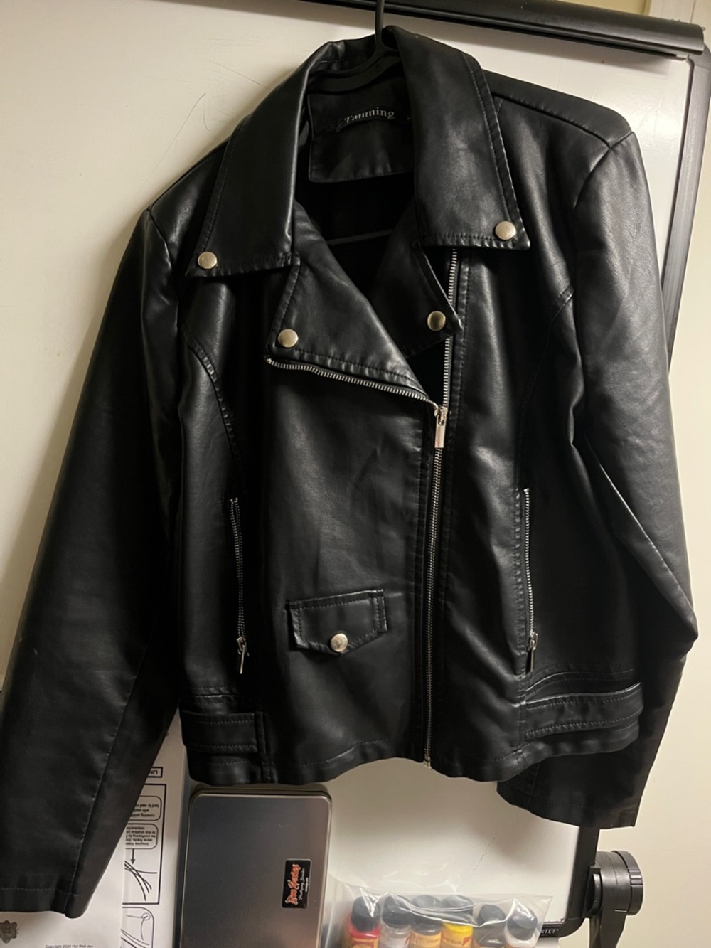 Women's Black Faux Leather Moto Jacket with Silver Hardware